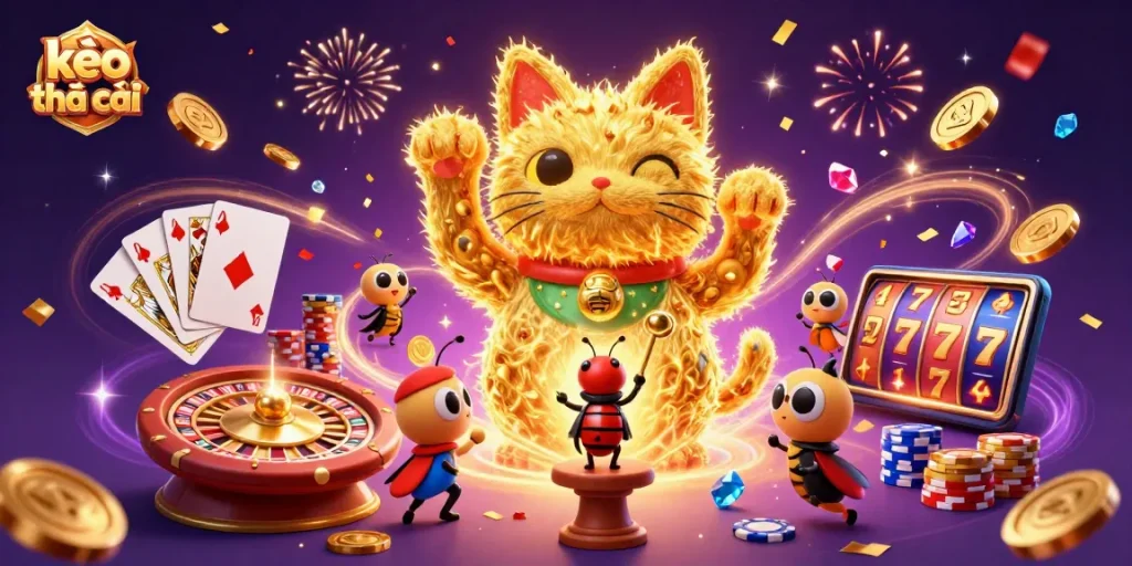 Engage with the vibrant kèo nhà cái illustration featuring a lucky cat and dynamic casino elements.