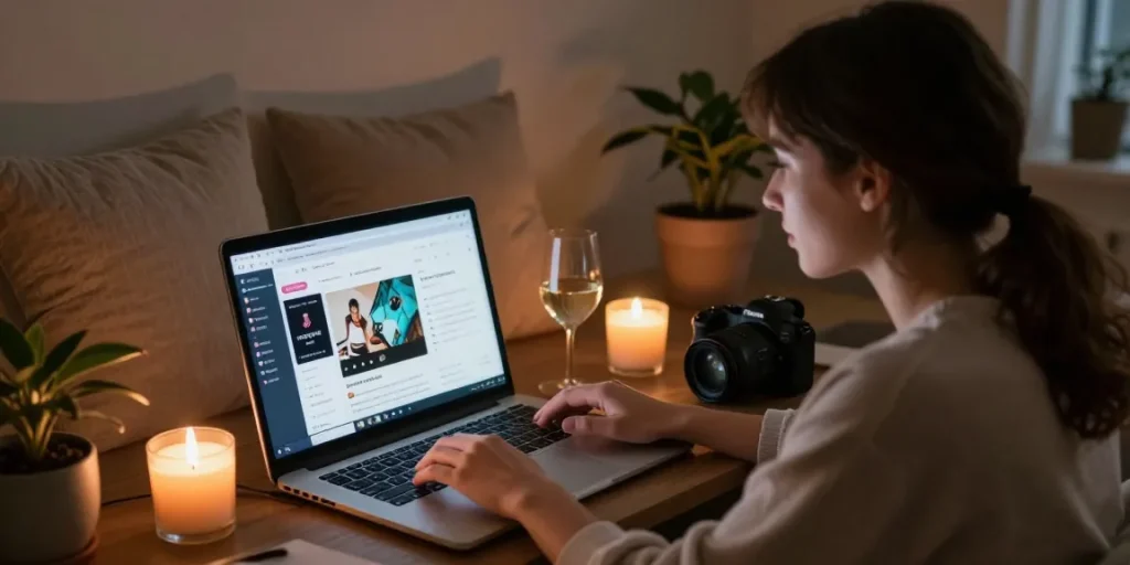 User interacting with AI NSFW chat on laptop in cozy environment, showcasing AI art tools and warm atmosphere.
