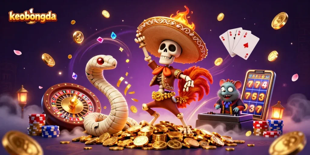 Engage with keobongda's vibrant victory dance amid cascading coins and dynamic gaming elements.