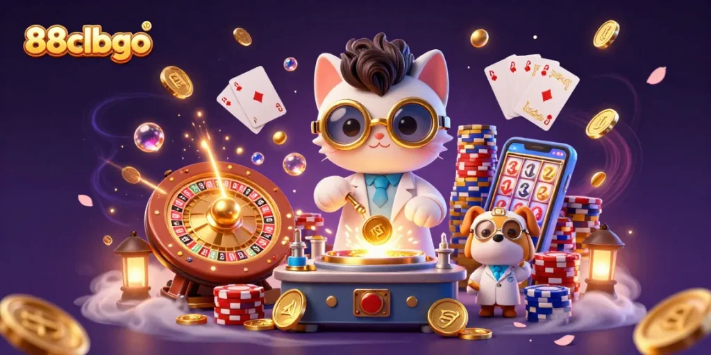 Playing at 88clbgo, the mad scientist cat and loyal dog create golden coins and excitement.