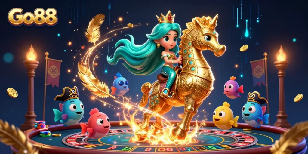 Go88 interactive casino scene with a mermaid princess, seahorse, and festive elements, showcasing vibrant gaming action.
