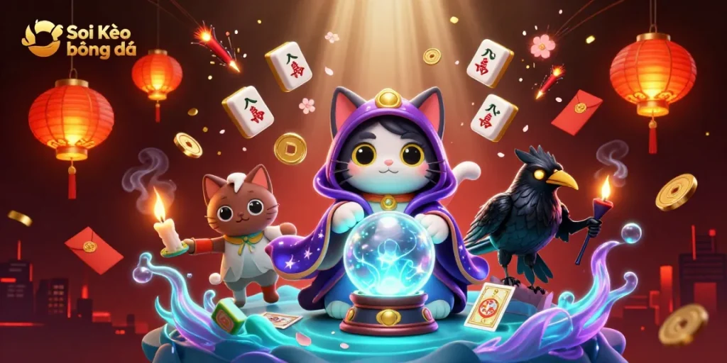 Soi Kèo bóng đá: Experience vibrant gambling excitement with a mystical cat, raven, and dynamic casino elements.