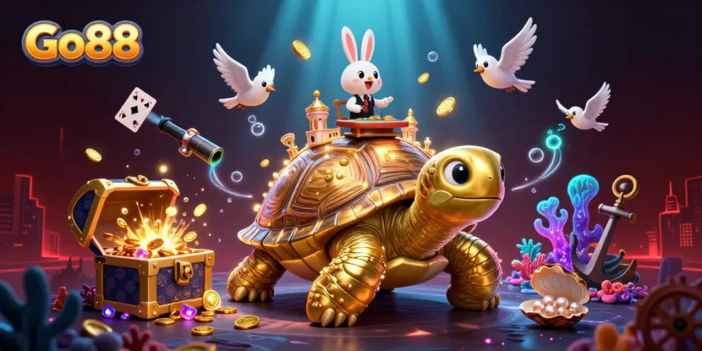Experience exciting gameplay at Go88, featuring a vibrant casino scene with a golden tortoise and rabbit dealer.