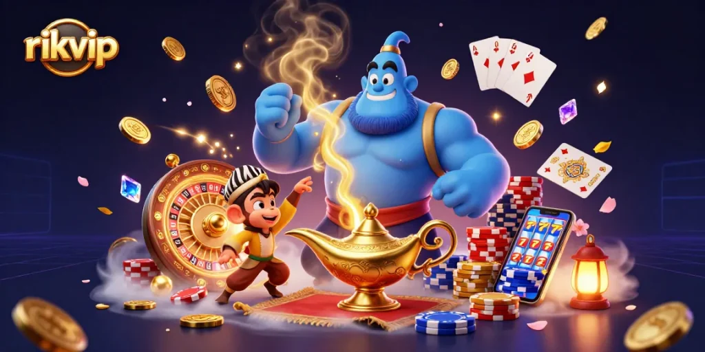 Experience the thrill of gaming at rikvip with a magical 3D casino scene of a genie, poker chips, and vibrant slots.