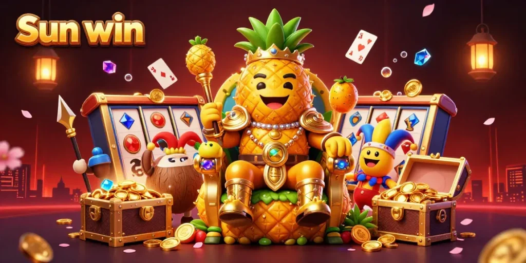 Play to win at Sun win in this vibrant 3D casino illustration featuring a golden pineapple king and dynamic game elements.