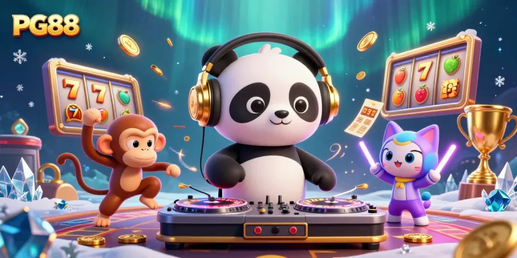 Engage in thrilling gaming at PG88 with a vibrant scene featuring a DJ panda spinning at a roulette wheel.