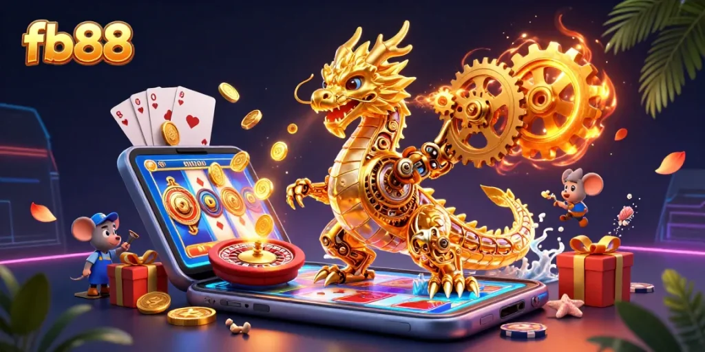 Engage with FB88's golden dragon amidst colorful gaming elements like slots and poker, enhancing your online casino experience.