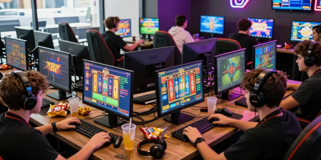 situs slot deposit 10 ribu players enjoying thrilling games in vibrant gaming lounge