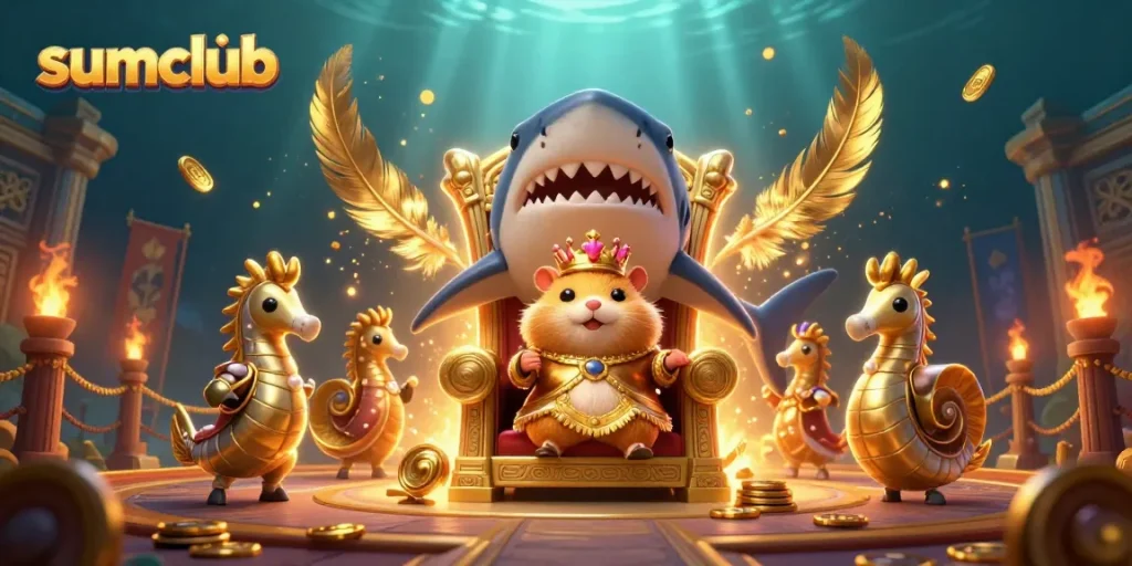 Experience the vibrant world of sumclub with a golden hamster king throne, surrounded by seahorse guards and ancient gaming symbols.