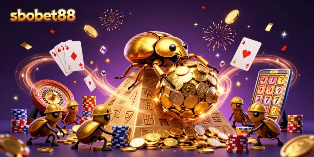 Experience the thrill of sbobet88 with golden beetles celebrating over stacked coins and vibrant casino elements.