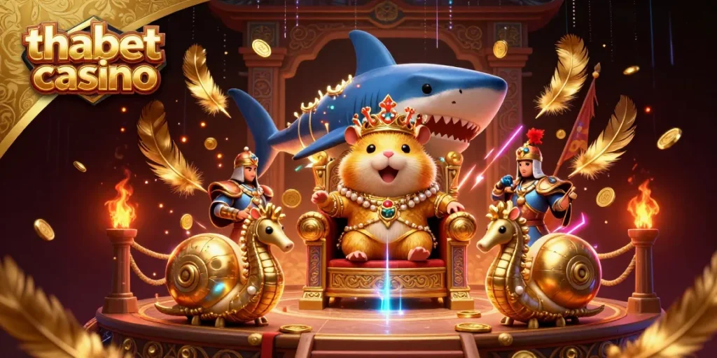 Experience the excitement of thabet casino with a dynamic 3D illustration featuring unique characters and engaging game elements.