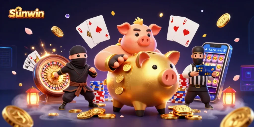 Engage with Sunwin's vibrant casino action featuring a golden piggy bank sumo wrestler amidst dazzling game elements.