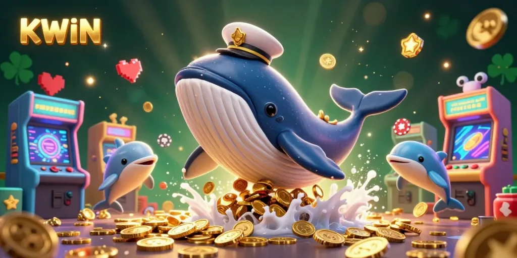 KWIN captures the excitement of gaming with a vibrant scene featuring a whale, narwhal, and dolphins amidst poker chips and arcade elements.