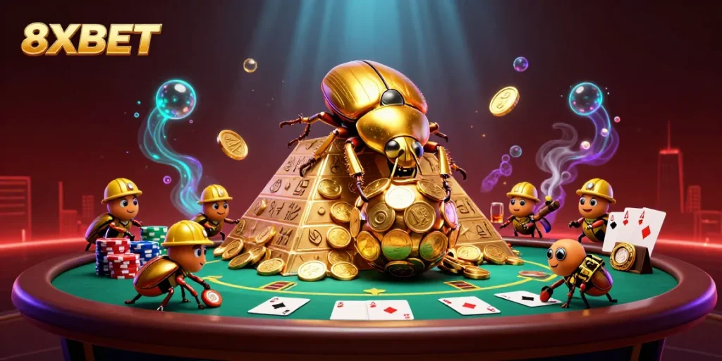 Engage with 8XBET's thrilling casino world through vibrant gambling icons and rich visuals.
