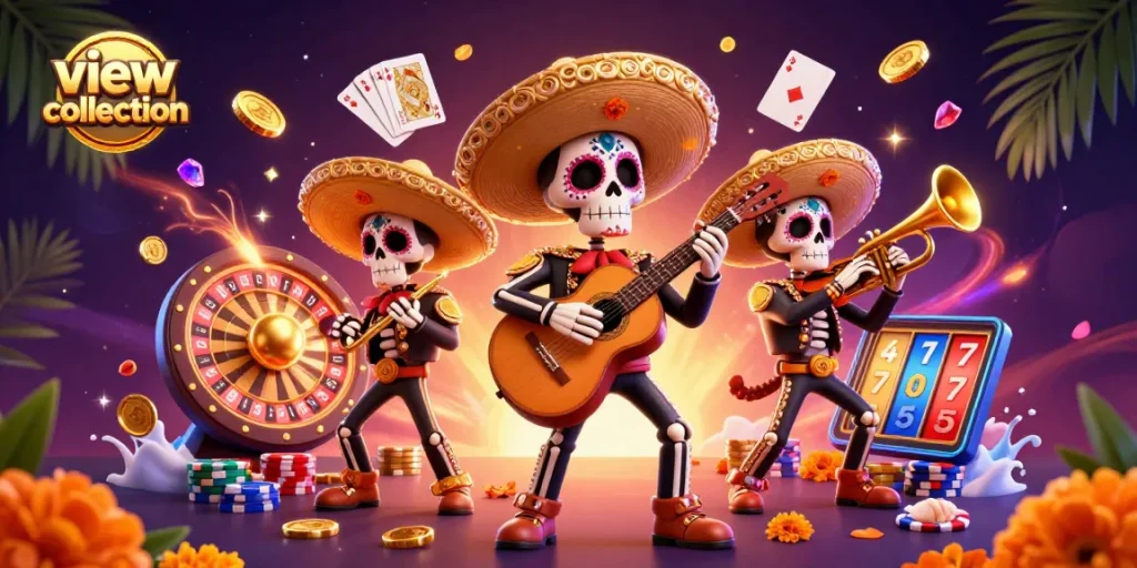 Spin and win at the vibrant view collection with a lively mariachi band amidst games and gold.