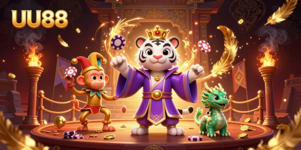 Experience excitement at UU88 with a lively scene featuring a white tiger and a golden monkey.