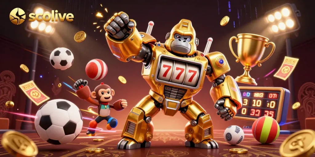 Socolive sports betting scene with a dynamic golden gorilla mech and flying sports balls.