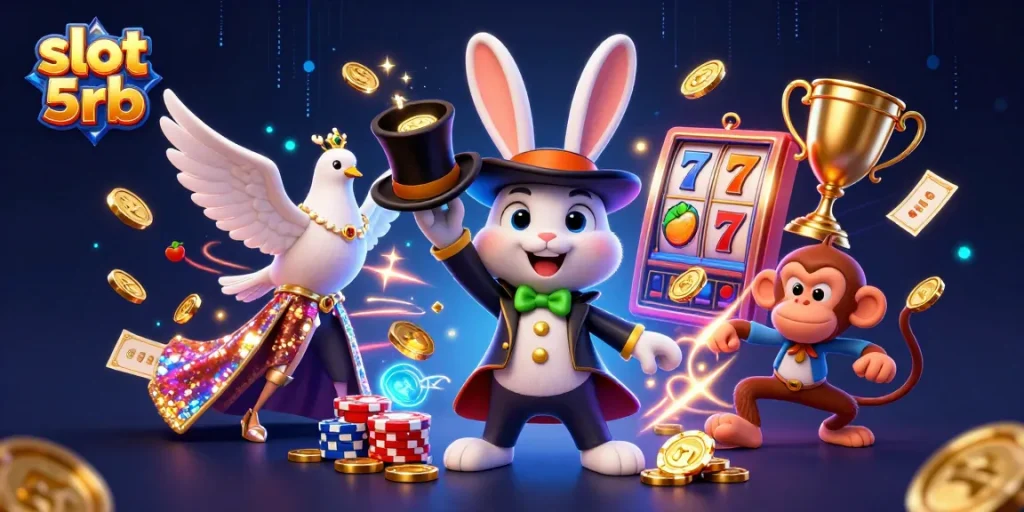 Win big with slot 5rb as a magical rabbit pulls coins while slot elements sparkle around!