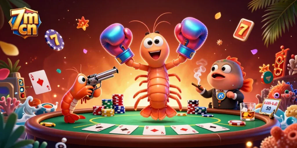 Engage with 7m cn in this vibrant casino scene showcasing a mantis shrimp and poker elements.