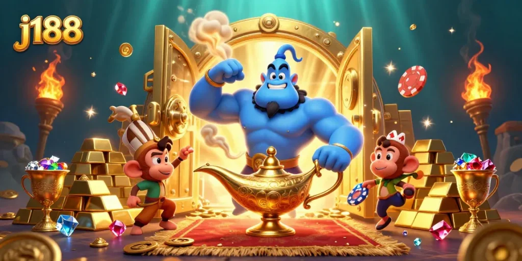 Experience j188 with a blue genie, treasure, and casino symbols in a vibrant 3D scene.