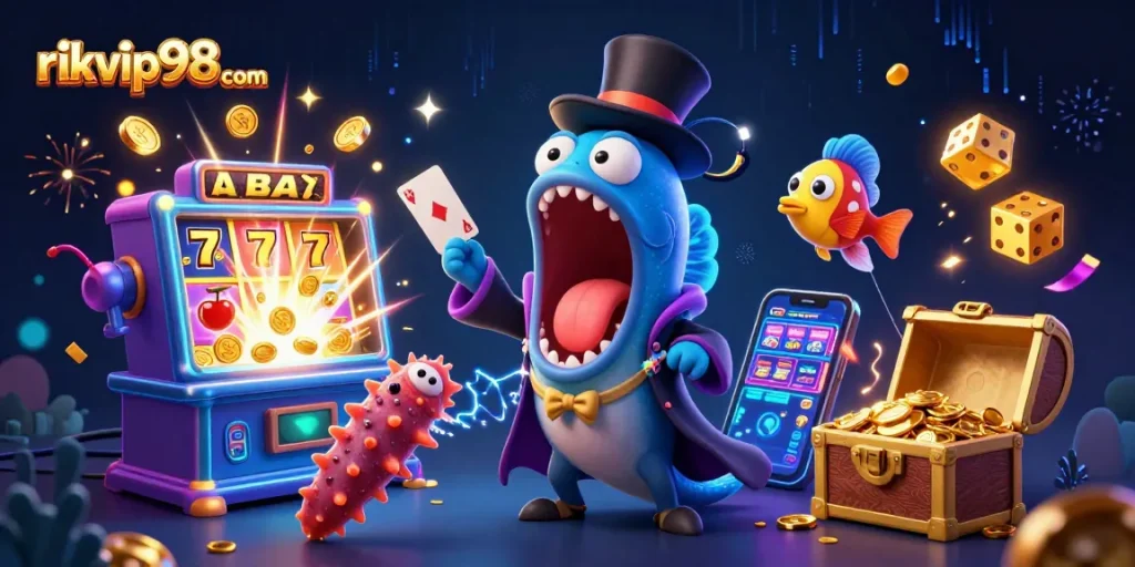 Experience the thrilling gameplay of rikvip98 com with vibrant slot machines and magical card tricks in a lively underwater scene.