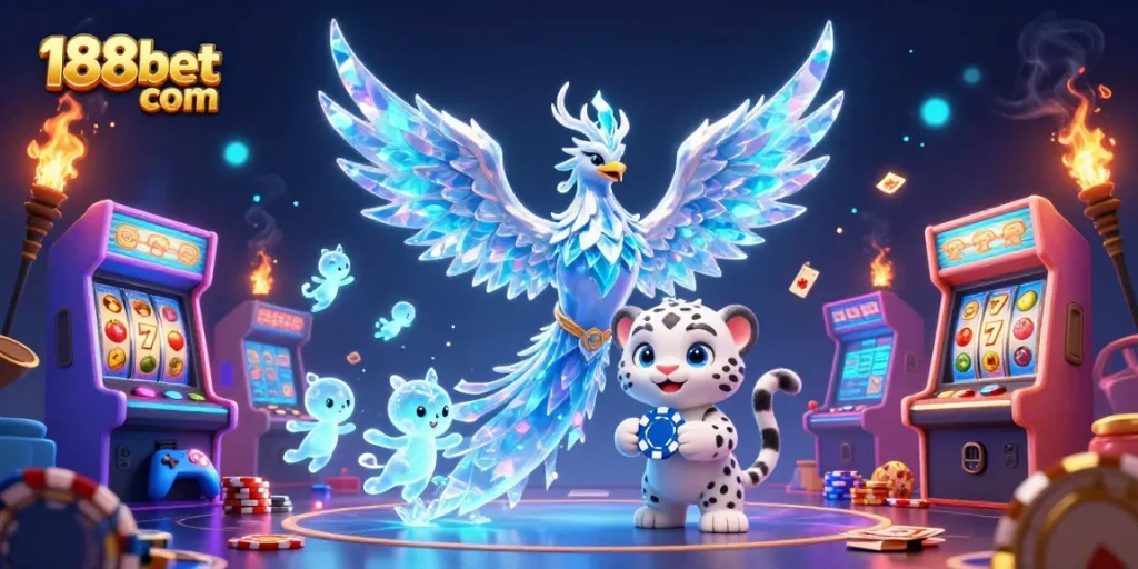 Immerse in gaming thrills at 188bet com with an ice phoenix and casino elements in stunning 3D.