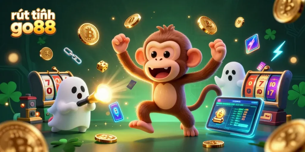 Engage with rút tiền go88 in a thrilling 3D casino scene with a playful poltergeist monkey and ghost-hunter puppy.
