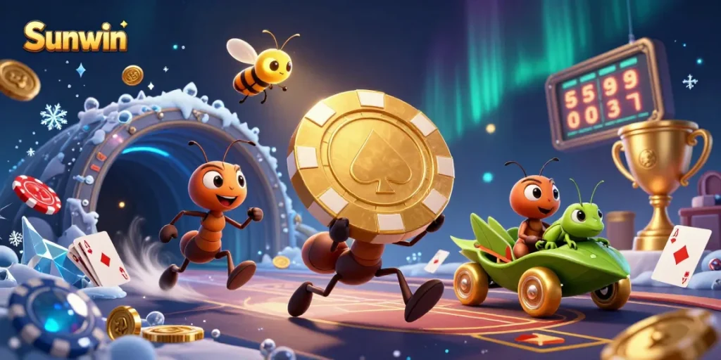 Sunwin ants running a heist with golden poker chip, showcasing dynamic casino action.