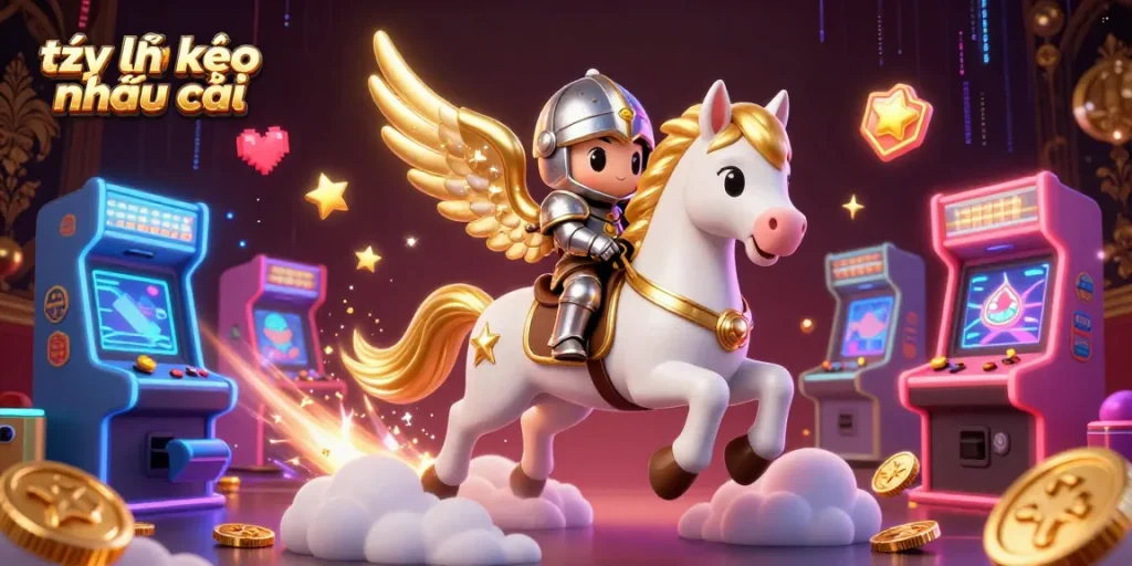 Experience the thrill of tỷ lệ kèo nhà cái with an enchanting scene featuring a celestial white horse and game elements.