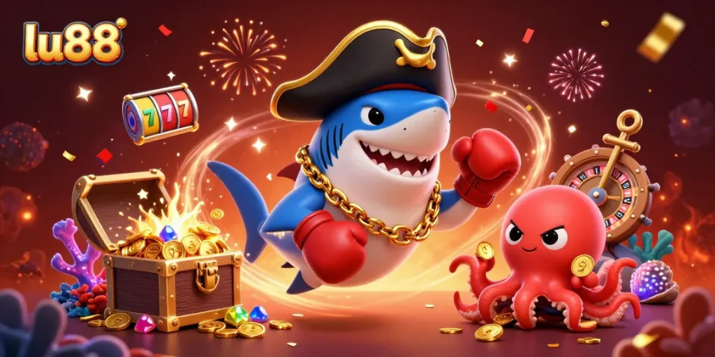 lu88 captures the excitement of online gaming with cartoon characters showcasing slots, roulette, and rich treasures.