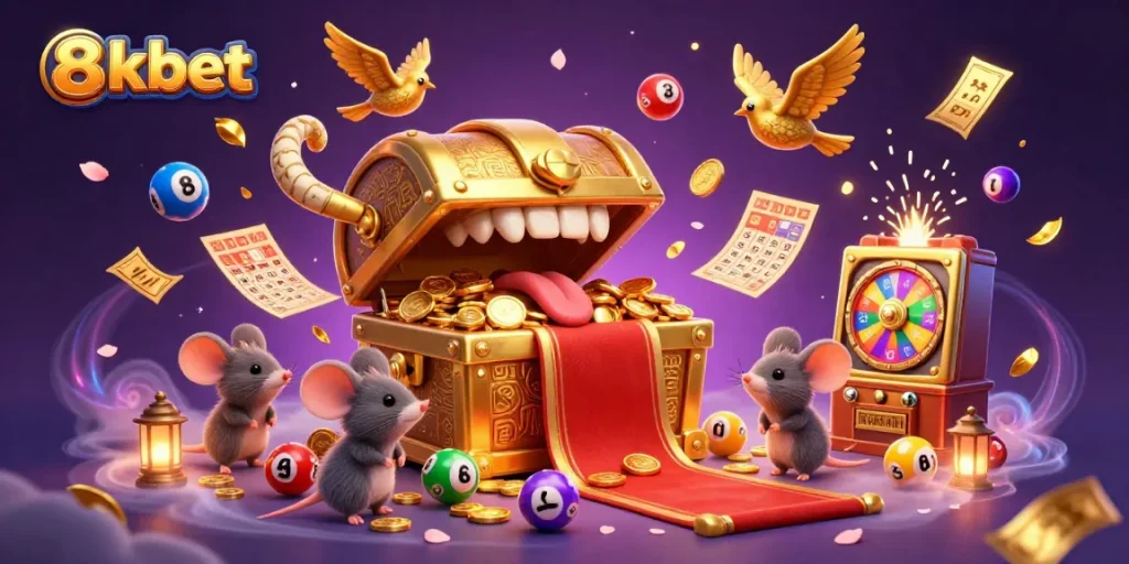Engage with the 8xbet treasure chest adventure filled with colorful lottery balls and a dynamic prize scene.