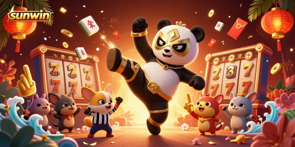 Experience the thrilling action at sunwin with a dynamic casino-themed 3D illustration featuring vibrant characters and game elements.