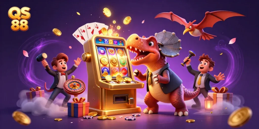 Experience the thrill of QS 88 as a pachycephalosaurus wins the jackpot, catching flying coins.