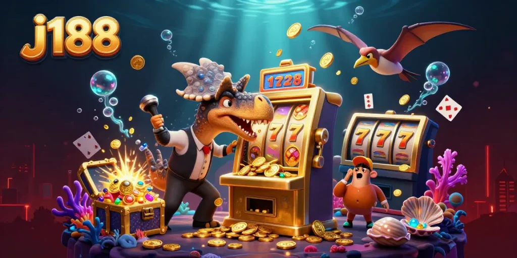 j188 casino scene with a dinosaur hitting a slot machine, vibrant colors, and exciting elements