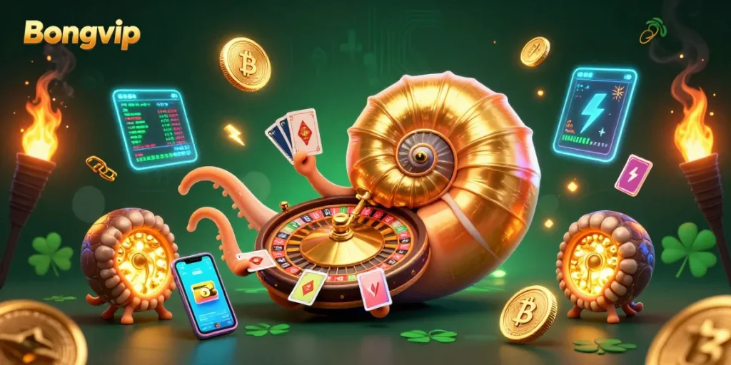 Bongvip offers thrilling gaming with a 3D illustration of a giant nautilus roulette wheel and glowing crypto coins.