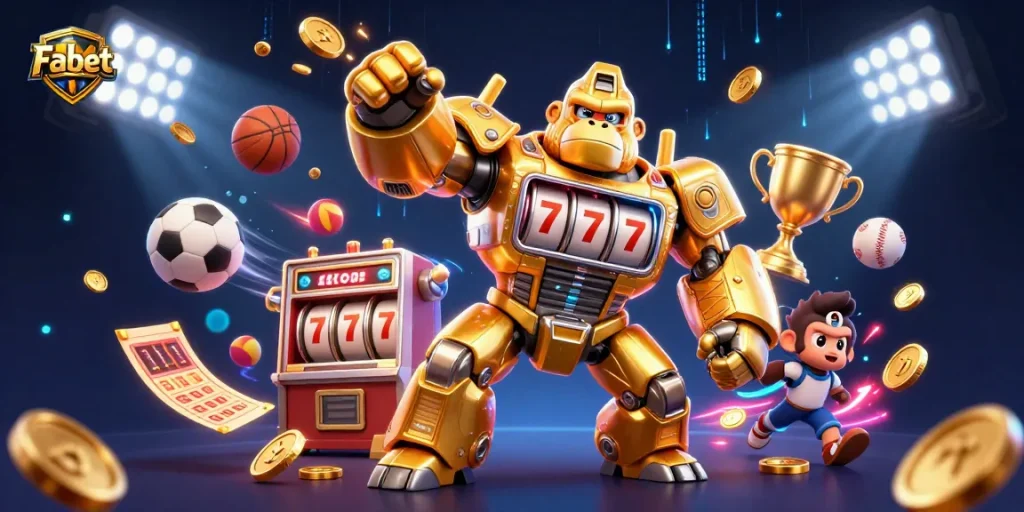 Bet on Fabet with excitement as the golden gorilla mech showcases thrilling casino action.