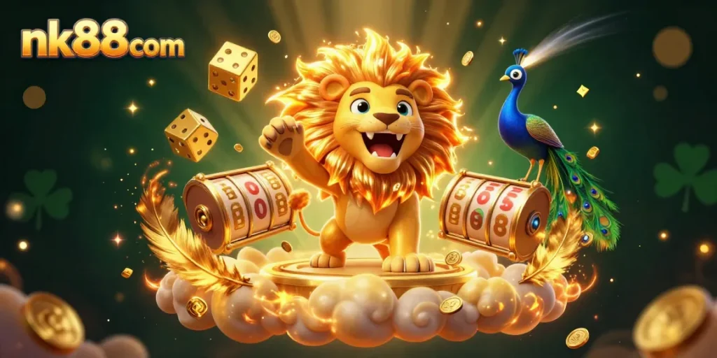 Experience the thrill of nk88com with vibrant gaming elements and a 3D lion roaring in excitement.