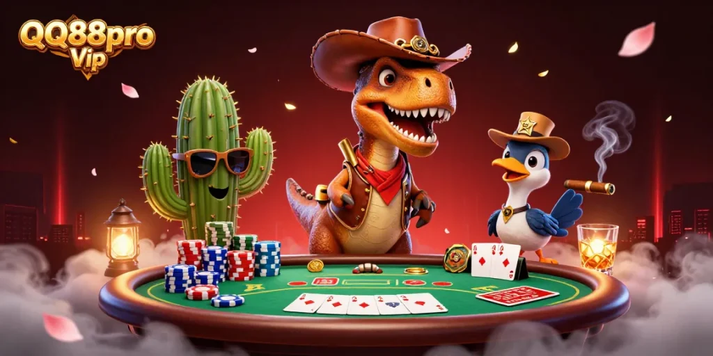 Experience the thrill of gaming with QQ88pro Vip while discovering high-stakes poker elements in this vibrant 3D scene.