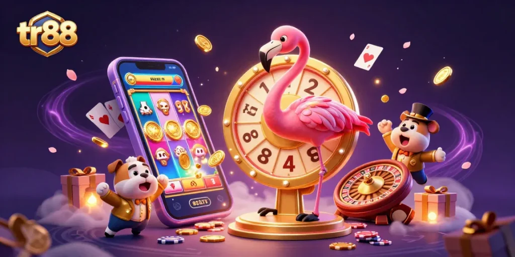 Spin the big prize wheel at tr88 with a flamingo host, bulldog contestant, and casino games surrounding them.