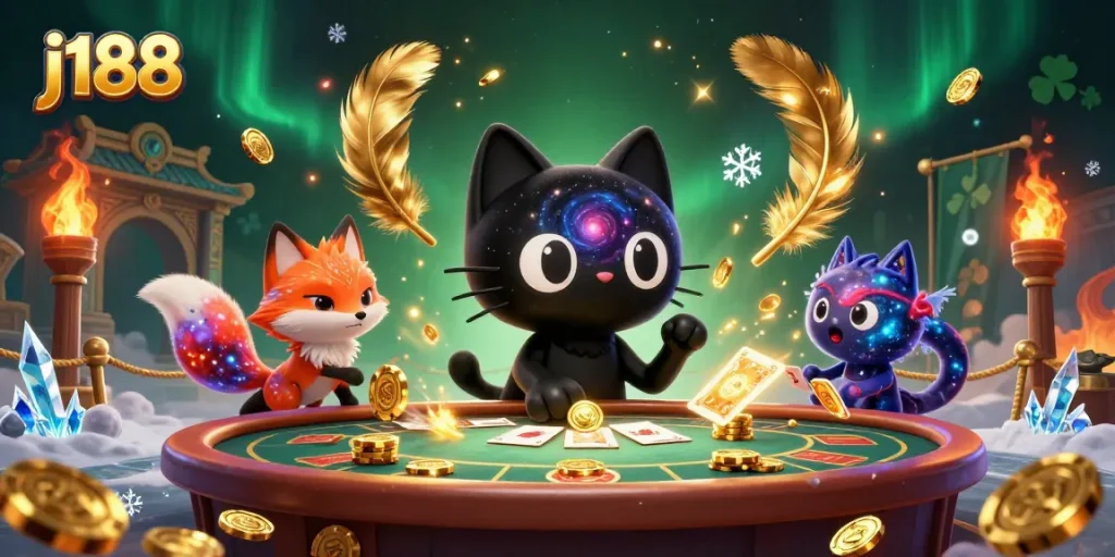 Engage with j188 in this cosmic casino scene featuring a black hole cat and colorful fox.