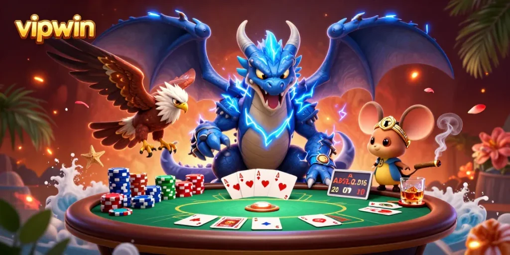 Experience thrilling poker games with vipwin's electrifying scene of animated action and vibrant atmosphere.