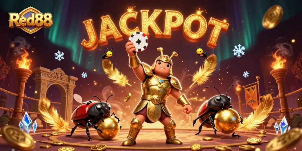 Red88 champions win with a 3D beetle victory pose amidst casino game elements.
